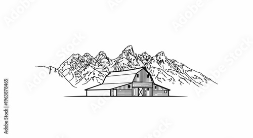 A rustic barn sits in the foreground against a dramatic mountain range