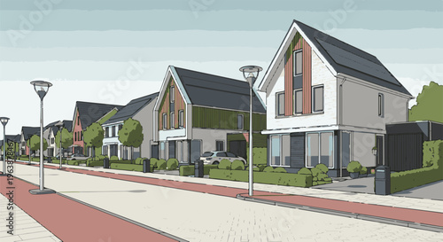 A row of modern suburban houses with manicured hedges and streetlights