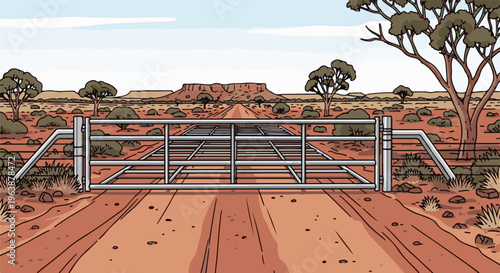 A rural Australian landscape with a metal gate and distant mesa