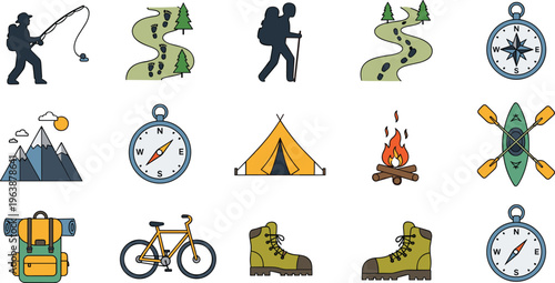 Camping and Hiking Adventure Icon Set Featuring Tent Backpack Compass Trail and Outdoor Equipment Flat Vector Illustration Isolated on White Background