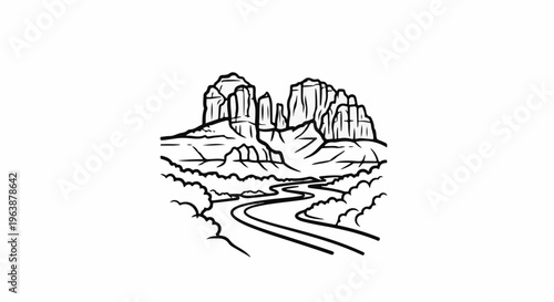 A scenic black and white sketch of a winding river flowing through a rocky canyon with surrounding vegetation