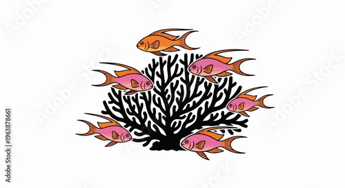 A school of small, colorful fish swim around a dark coral structure