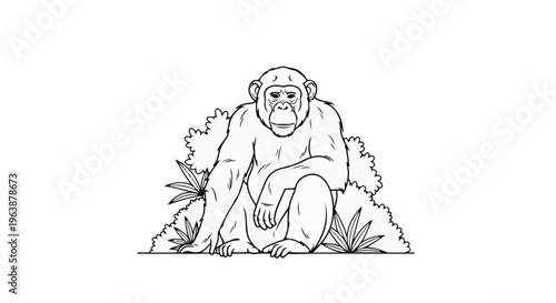 A seated primate with a thoughtful expression, surrounded by foliage