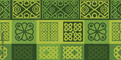 Repeating pattern of celtic knots in shades of green and yellow