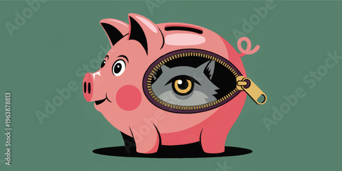Wolf hidden inside piggy bank with zipper concept, financial fraud, deceptive investment, money scam illustration on green