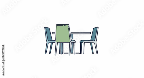 A minimalist illustration of a table with three chairs, a central green chair, and two side blue chairs