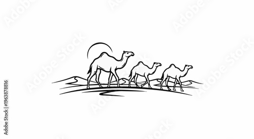 A minimalist line art depicts three camels crossing a desert landscape under a crescent sun