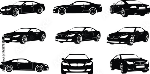Collection of nine black car silhouettes in various angles and positions
