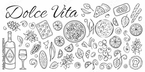 Dolce vita themed sketch featuring italian food and botanical elements