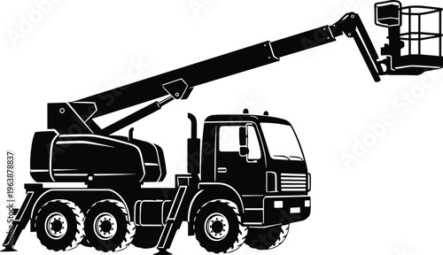 boom, lift, truck, crane, construction, equipment, aerial, platform, hydraulic, vehicle, industrial, maintenance, service, machinery, elevated, isolated, vector, illustration, black, white