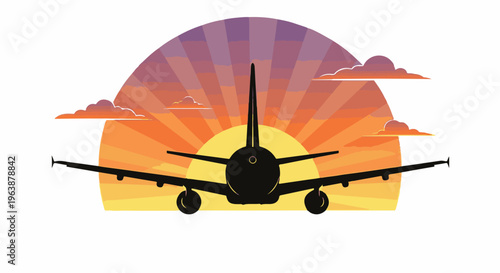 A silhouetted airplane takes flight against a vibrant sunset sky