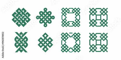 Collection of eight green celtic knot designs arranged in a grid