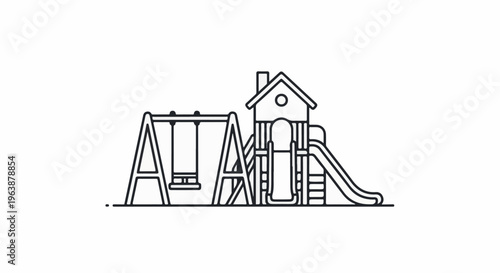 A minimalist line drawing depicts a playground structure with swings and a slide