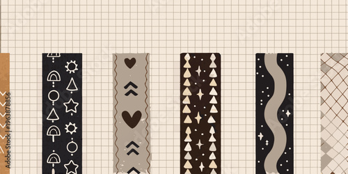 Decorative washi tape strips with various patterns on grid background
