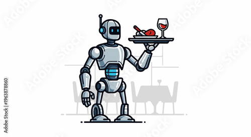 A silver robot waiter holds a tray with a meal and wine in a restaurant
