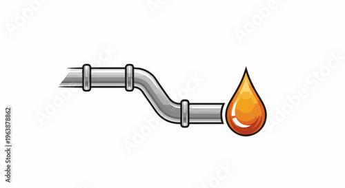 A silver pipe system with a large golden drop of liquid at the end