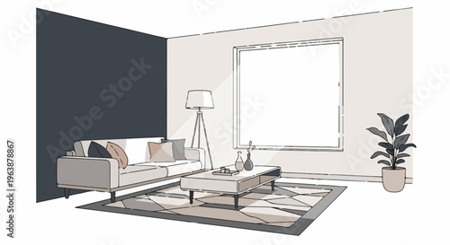 A minimalist living room with a sofa, coffee table, and plant