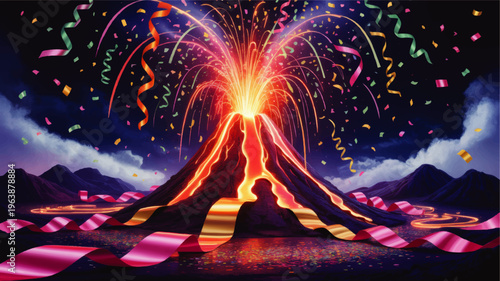 Colorful volcanic eruption celebration with lava, fireworks, confetti and ribbons in dramatic night fantasy landscape illustration