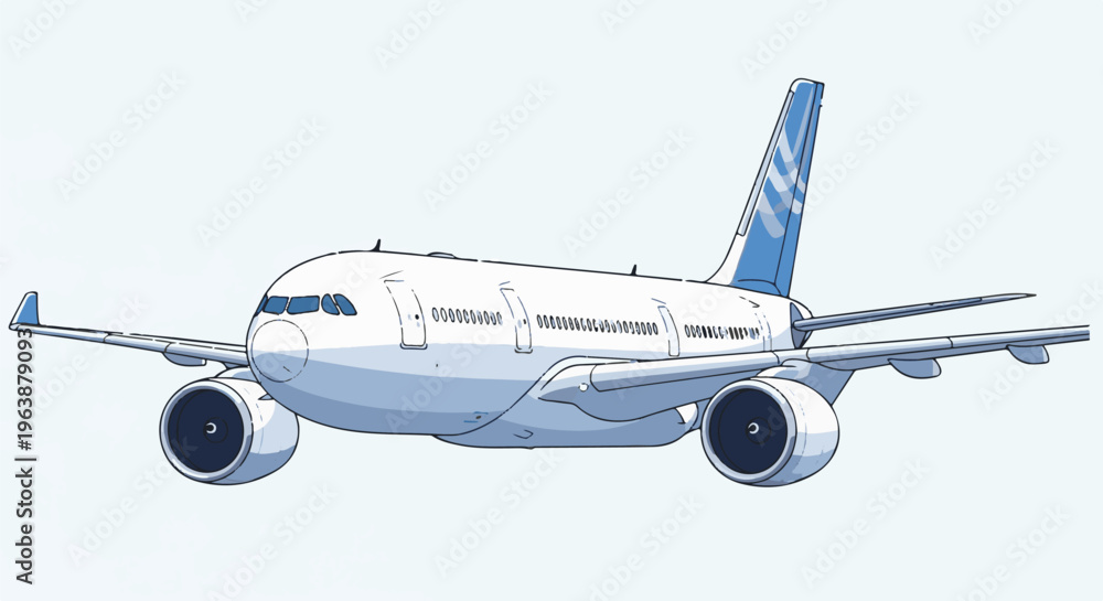 Fototapeta premium A modern jetliner with twin engines, white body, and blue accents