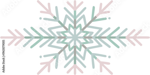 A delicate symmetrical snowflake illustration with pastel pink and blue hues