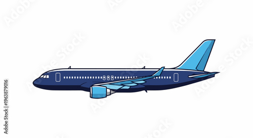 A modern, dark blue jet airplane with light blue accents and engines