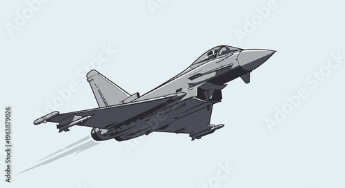 A modern fighter jet with swept wings and missiles ascends into a pale sky