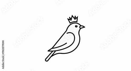 A simple black outline drawing of a small bird wearing a crown