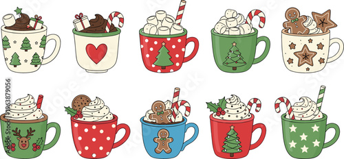 Christmas Hot Chocolate Cups Set with Marshmallows, Gingerbread Cookies, Candy Canes, and Festive Holiday Designs for Winter and Holiday Projects