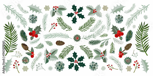 Festive arrangement of winter foliage berries and pinecones on white