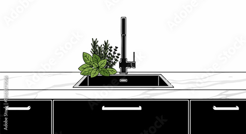 A modern kitchen sink with a faucet, fresh herbs, and drawers below