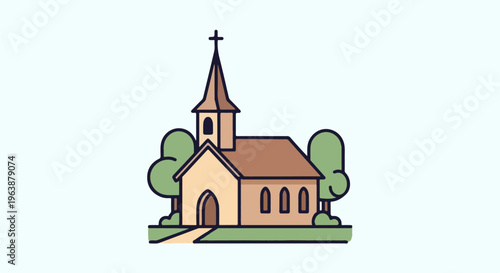 A simple cartoon church with a steeple, surrounded by trees