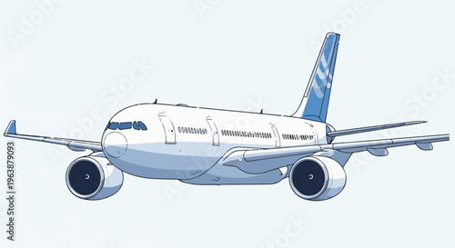 A modern jetliner with twin engines, white body, and blue accents