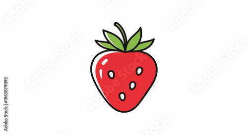 A simple, bright red strawberry with green leaves and seeds
