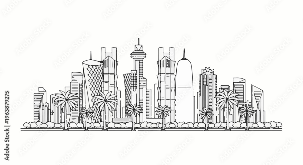 Obraz premium A monochrome line drawing of a modern city skyline with palm trees