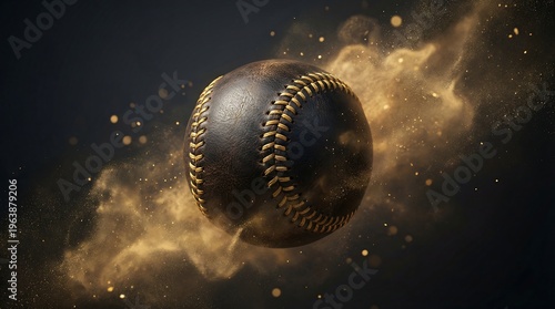 A black baseball with gold stitching surrounded by gold dust and particles on a dark background with smoke