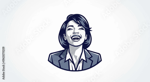 A monochrome comic-style illustration of a woman in a suit laughing heartily