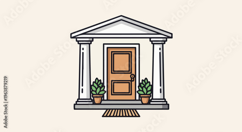 A simple illustration of a building entrance with two pillars and a door