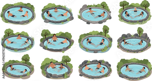 Hot Springs Spa Relaxation Set with People Enjoying Outdoor Thermal Pools in Nature, Wellness, and Leisure Digital Illustrations