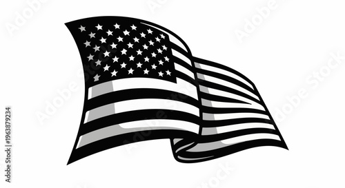 A monochrome illustration of the American flag billowing in the wind