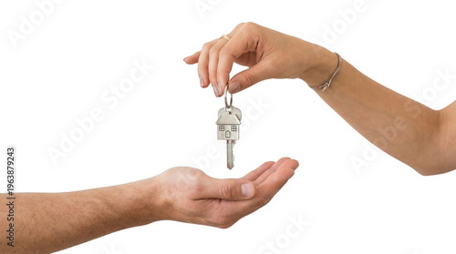Real estate agent's hand giving house keys to a new homeowner. Isolated on transparent background, png