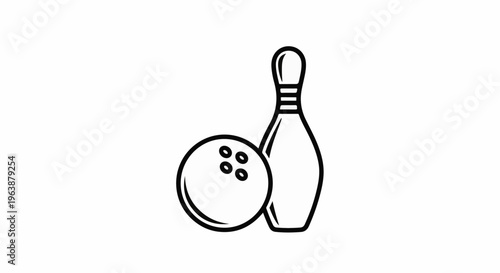 A simple line art graphic depicts a bowling ball and pin on a white background