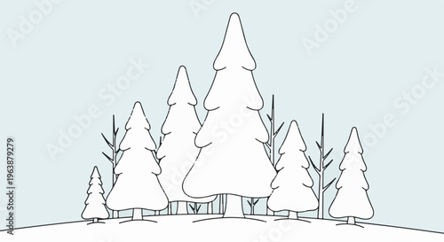 A simple line drawing depicts a cluster of pine trees on a pale blue background