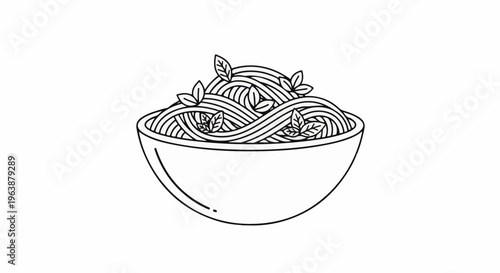 A simple line drawing of a bowl filled with spaghetti and basil leaves
