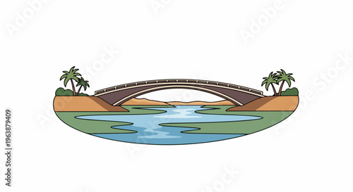 A picturesque bridge spans a winding river with palm trees on the banks