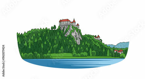 A picturesque castle sits atop a lush green forested hill overlooking a calm blue lake