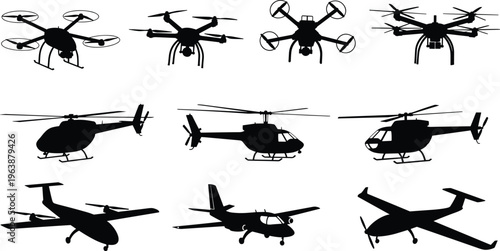 drone and aircraft silhouette set, quadcopter helicopter airplane icons, aerial technology, aviation transport, flying vehicles, modern transport concept, unmanned drone collection