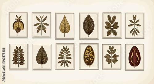 Set of Vintage Botanical Leaf Illustrations in Frames