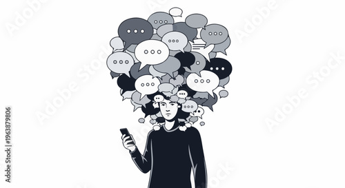 A person engrossed in their phone, with speech bubbles emanating from their head