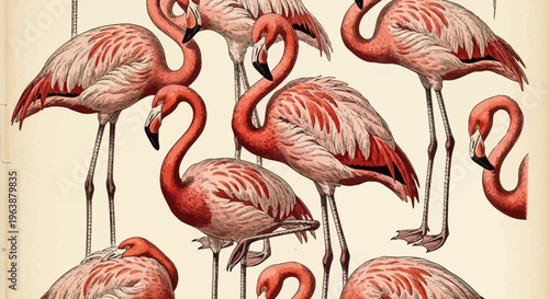 Vintage Illustration Pattern of Pink Flamingos