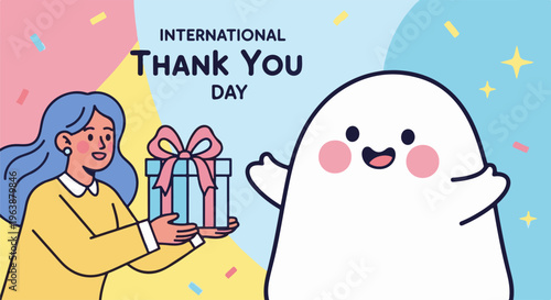 A person gives a gift to a ghost on International Thank You Day with confetti